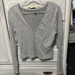 Gray V-Neck Ribbed Women's Top